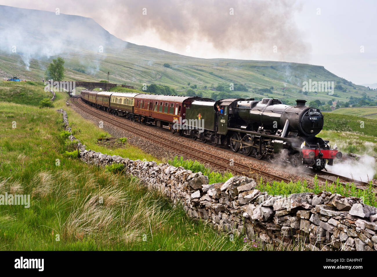 The Fellsman steam train excursion passes Cotegill Bridge near Aisgill summit on the Settle to Carlisle railway, Cumbria, UK Stock Photo