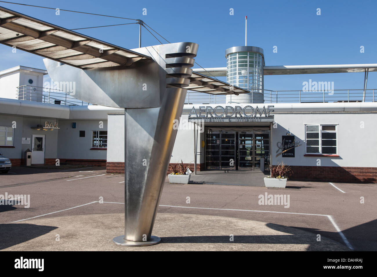 Art Deco sculpture in front of airport entrance, Sywell Aerodrome, Northampton, England Stock Photo