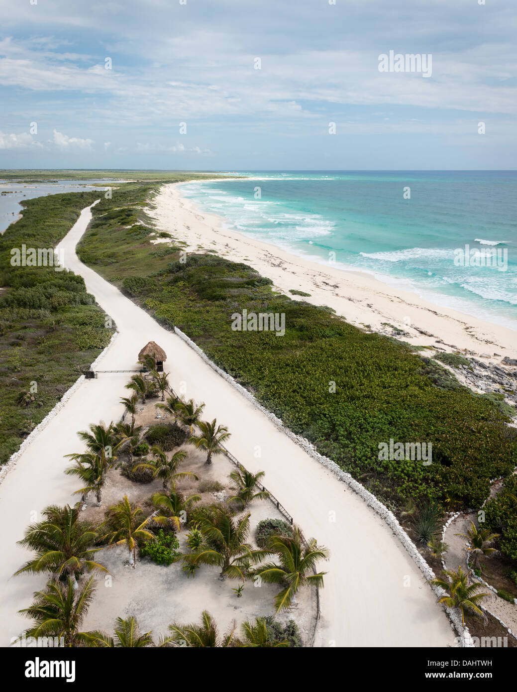 Fork in the road on a beach in Cozumel, Mexico, taken from Punta Celarain Lighthouse Stock Photo