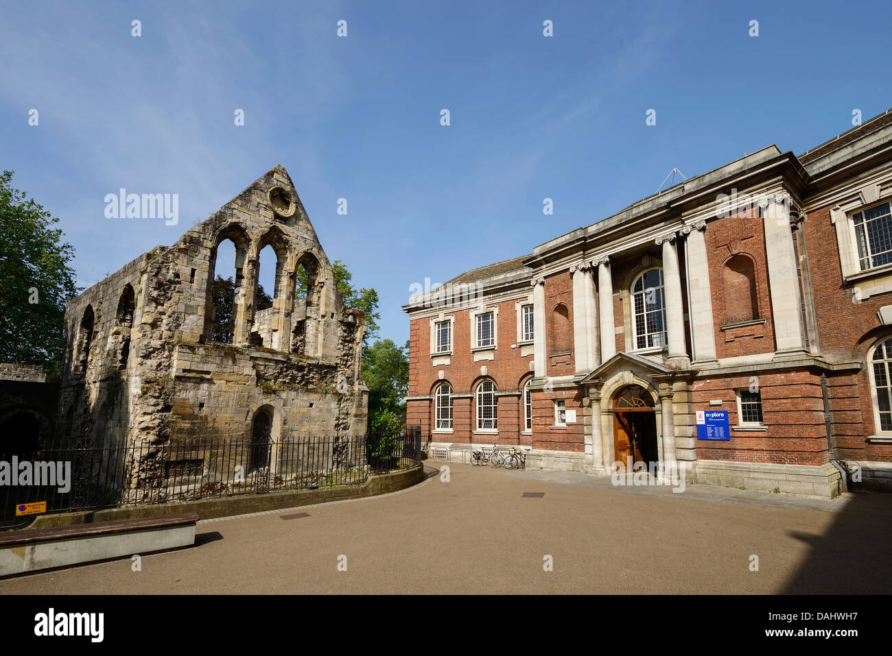 St Leonards Hospital ruin and the entrance to the Explore York Library Learning Centre in York city centre UK Stock Photo