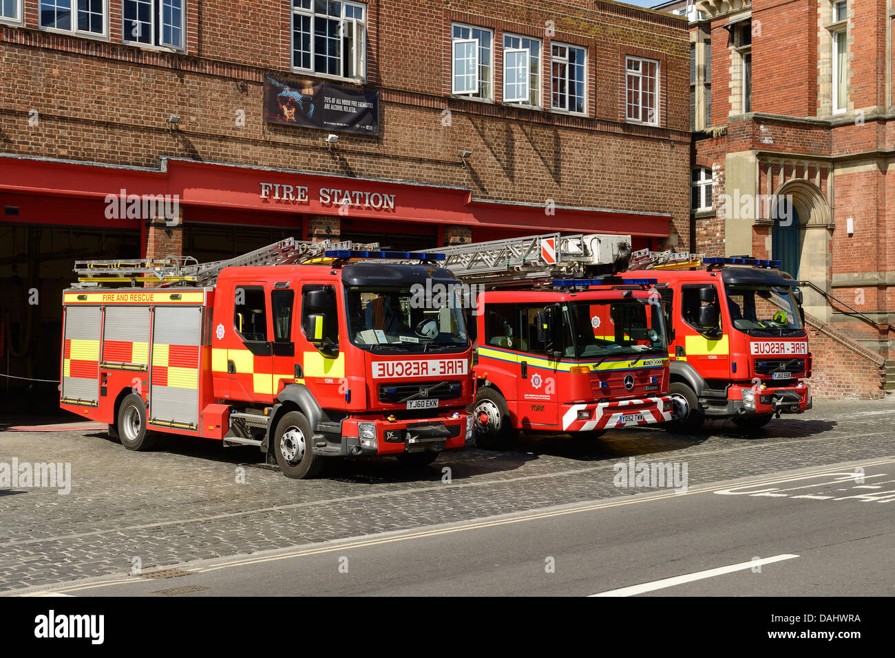 Three fire appliances parked outside York Fire Station Stock Photo