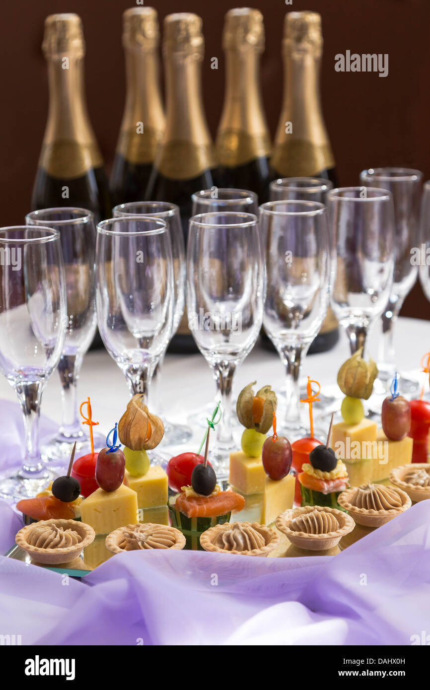 catering serving buffet with canapes and champagne Stock Photo
