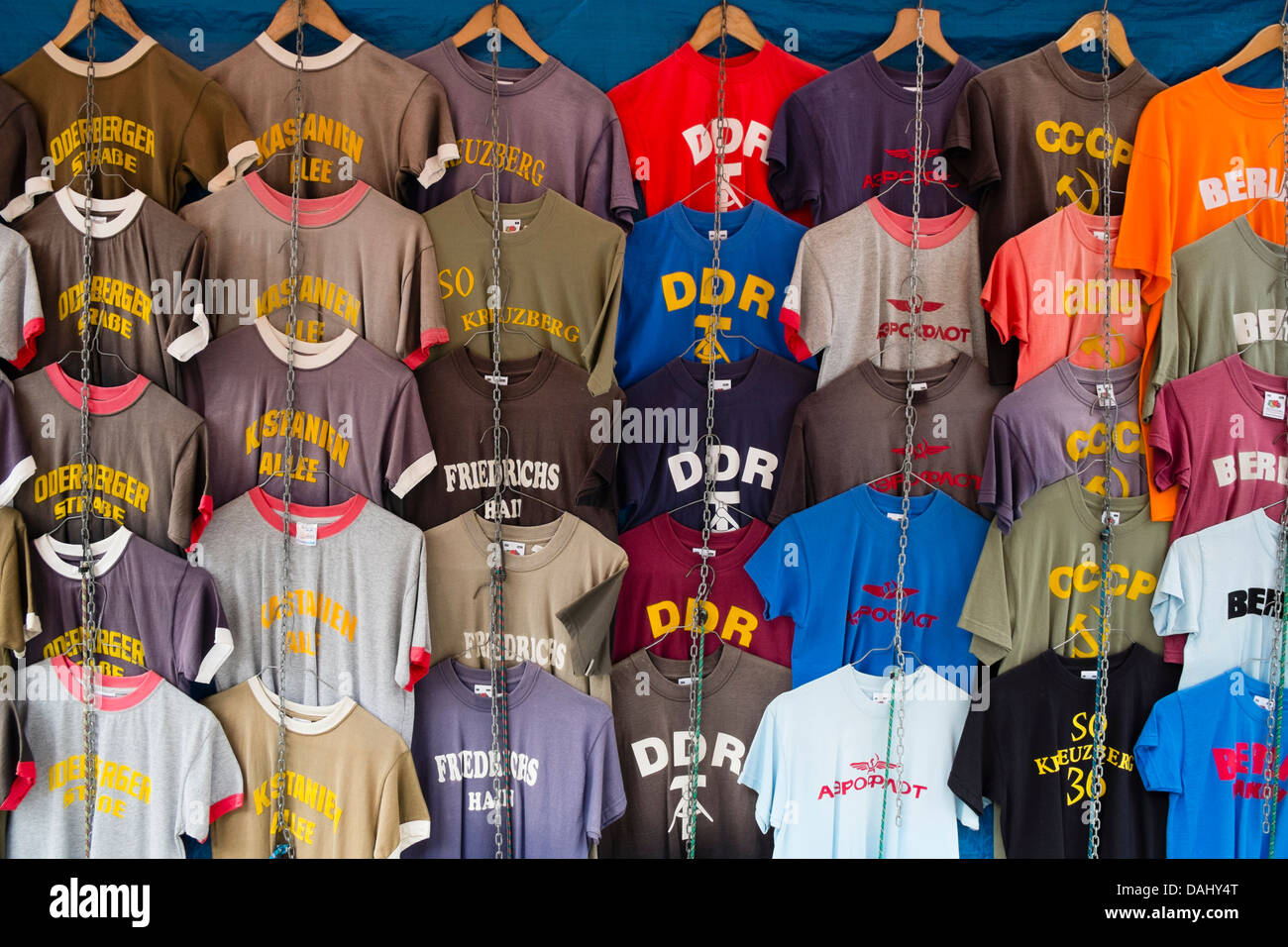Many souvenir t shirts for sale in bohemian Prenzlauer Berg district of