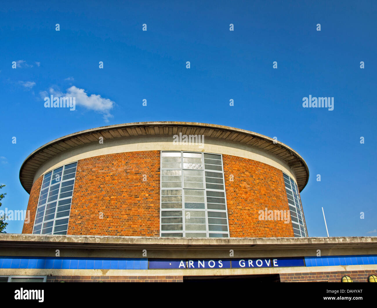 Exterior of Arnos Grove Underground Station, designed by Charles Holden