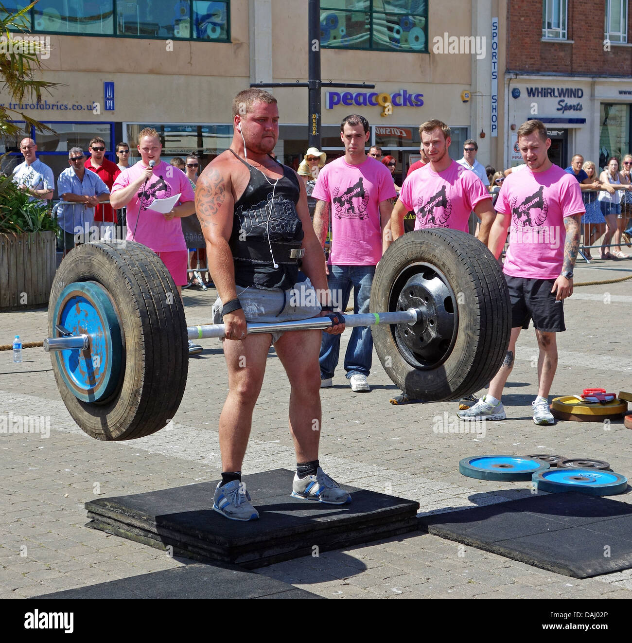 a weightlifter attempts a Dead Lift during the Kernow Strongman competiton in Truro, Cornwall, UK Stock Photo