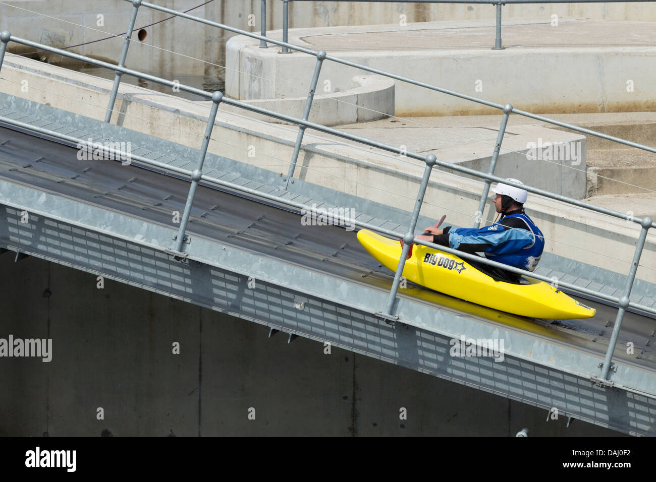 Canoe conveyor belt taking canoe back to the start of the International White Water Course at The Tees Barrage, Stockton on Tees Stock Photo