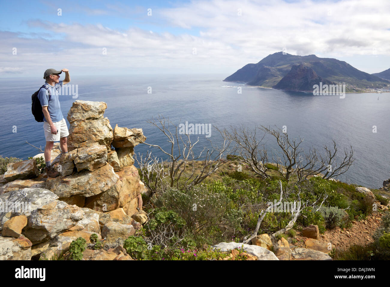A hiker pauses along the Chapman's Peak section of the Hoerikwaggo Trail, in Table Mountain National Park, South Africa. Stock Photo