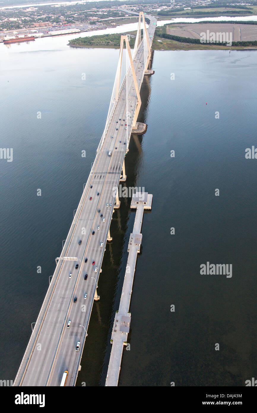 Aerial view of the Arthur Ravenel Bridge in Charleston, SC Stock Photo
