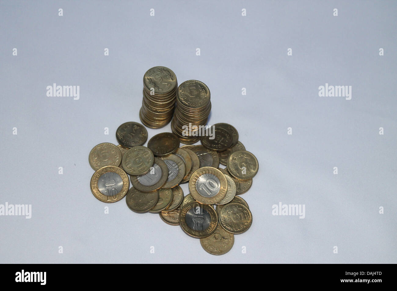 Indian currency coins of 5 rupees and 10 rupees Stock Photo