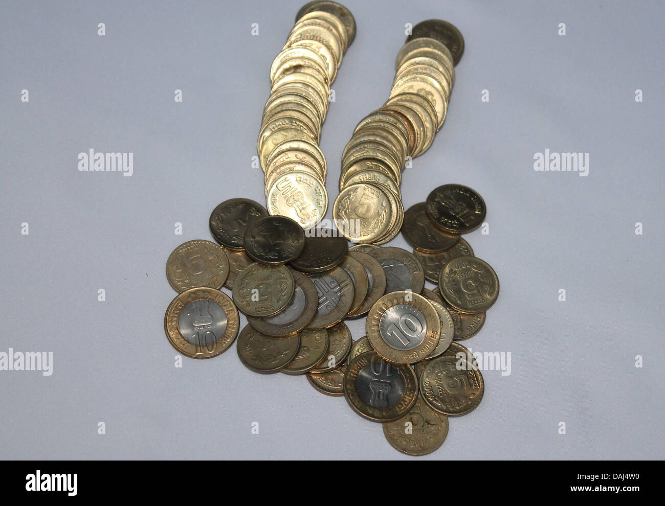 Indian currency coins of 5 rupees and 10 rupees Stock Photo