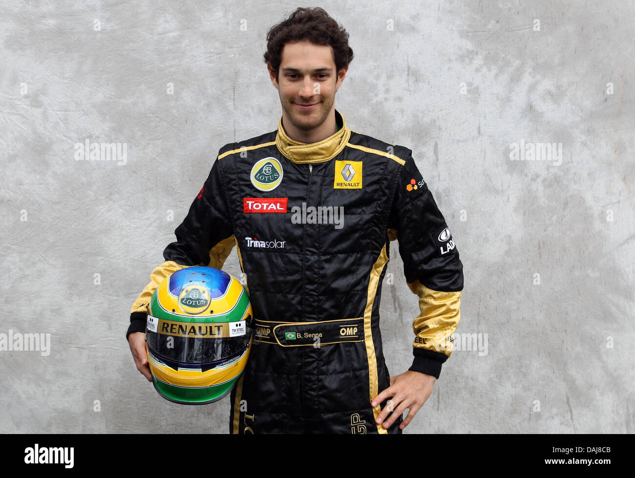 Brazilian Formula One test driver Bruno Senna of Lotus Renault smiles