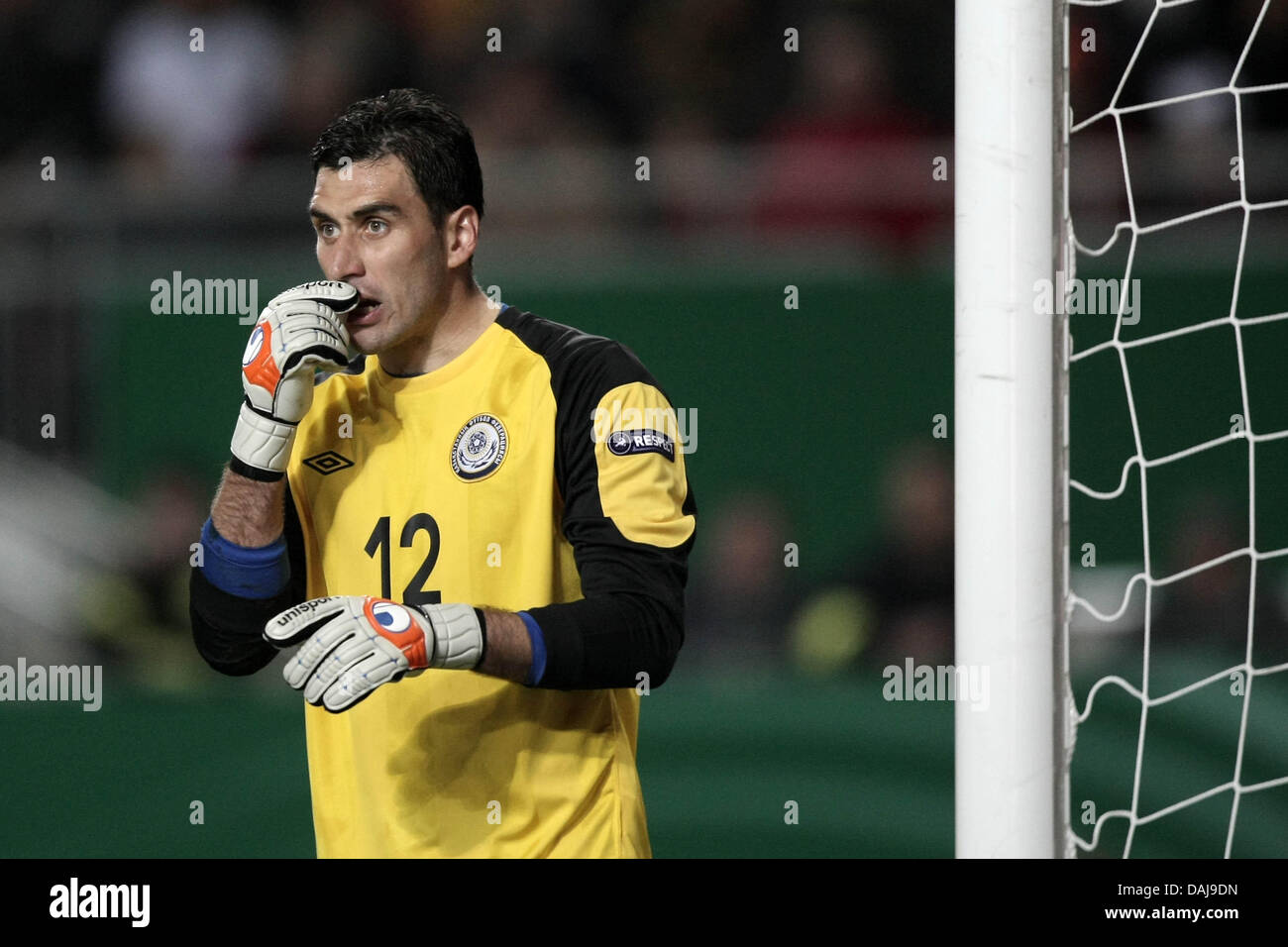 Goal keeper David Loria of Kazakhstan gestures during the UEFA Euro 2012 qualifying group A soccer match between Germany and Kazakhstan at the Fritz-Walter stadium in Kaiserslautern, Germany, 26 March 2011. Photo: Fredrik von Erichsen Stock Photo