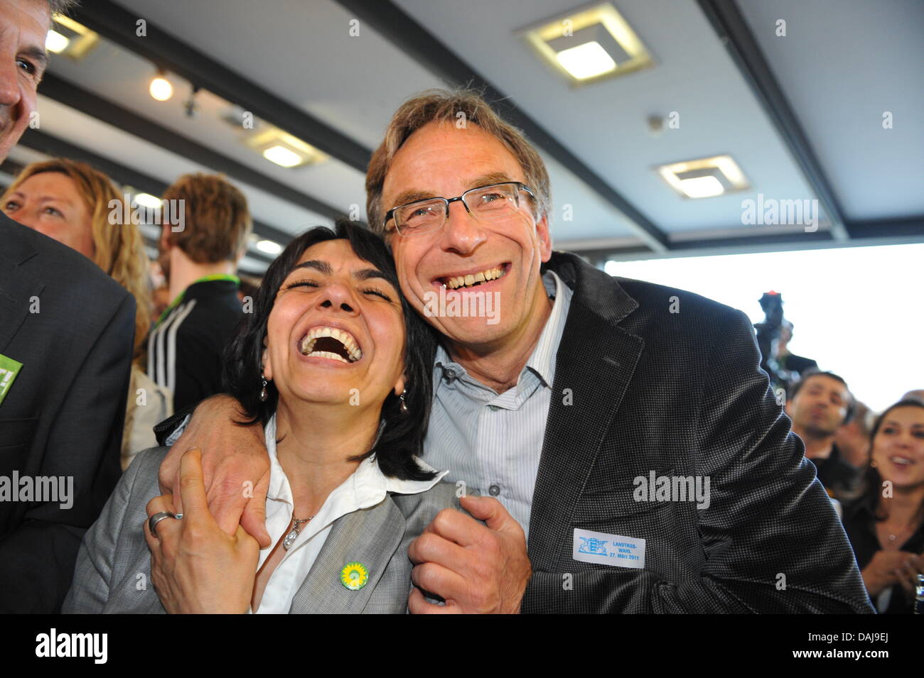 The picture shows supporters of the Green Party  celebrating after the first prognosis at the Landtag election in the state of Baden-Württemberg at the Landtag in Stuttgart, Germany on 27 March 2011. At the Landtag elections in Baden-Württember 7,8 million citizens are eligible to vote. 19 Parties with 684 candidates and 6 independent candidates have entered the elections. PHOTO: U Stock Photo