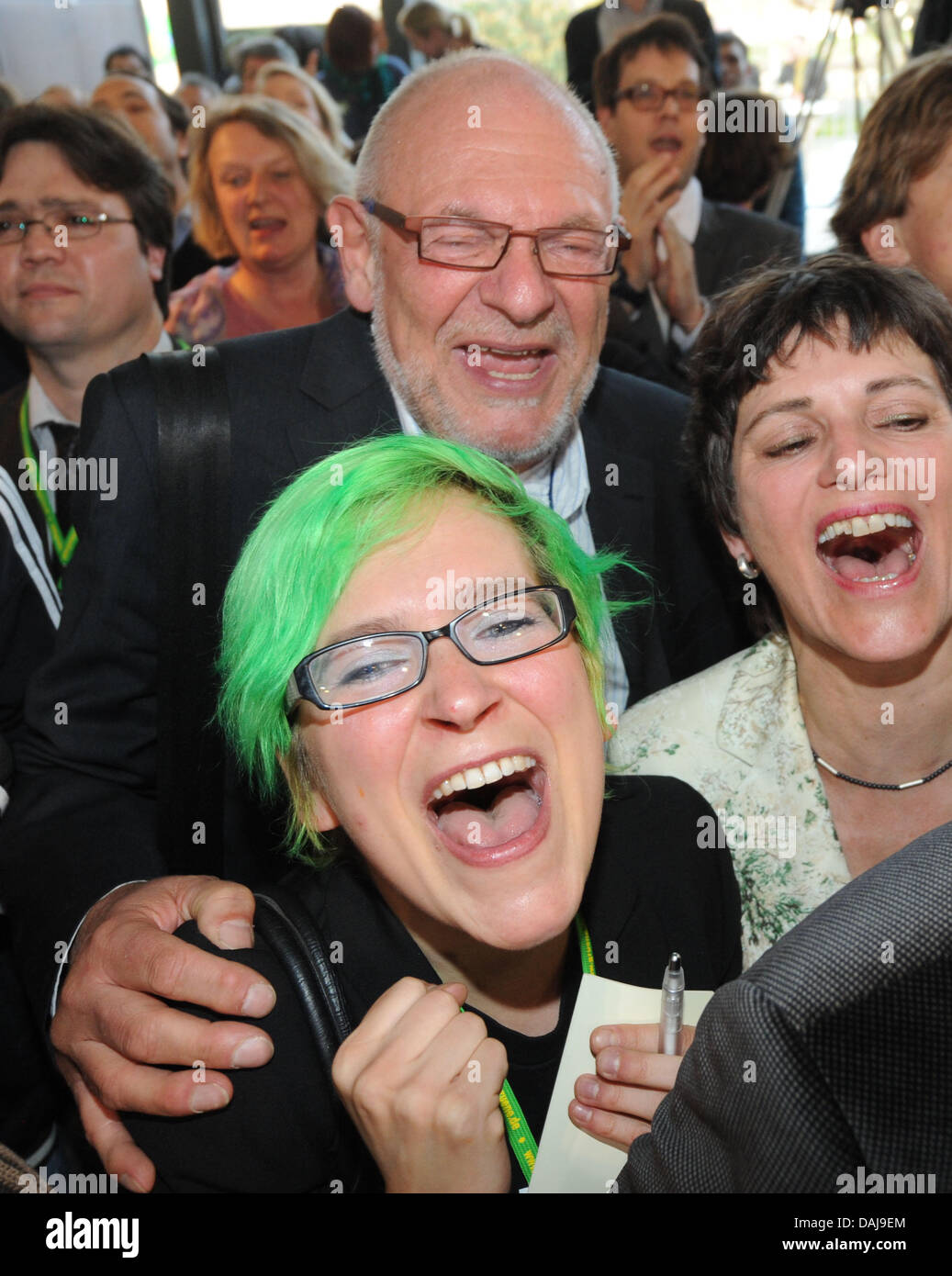 The picture shows supporters of the Green Party  celebrating after the first prognosis at the Landtag election in the state of Baden-Württemberg at the Landtag in Stuttgart, Germany on 27 March 2011. At the Landtag elections in Baden-Württember 7,8 million citizens are eligible to vote. 19 Parties with 684 candidates and 6 independent candidates have entered the elections. PHOTO: P Stock Photo