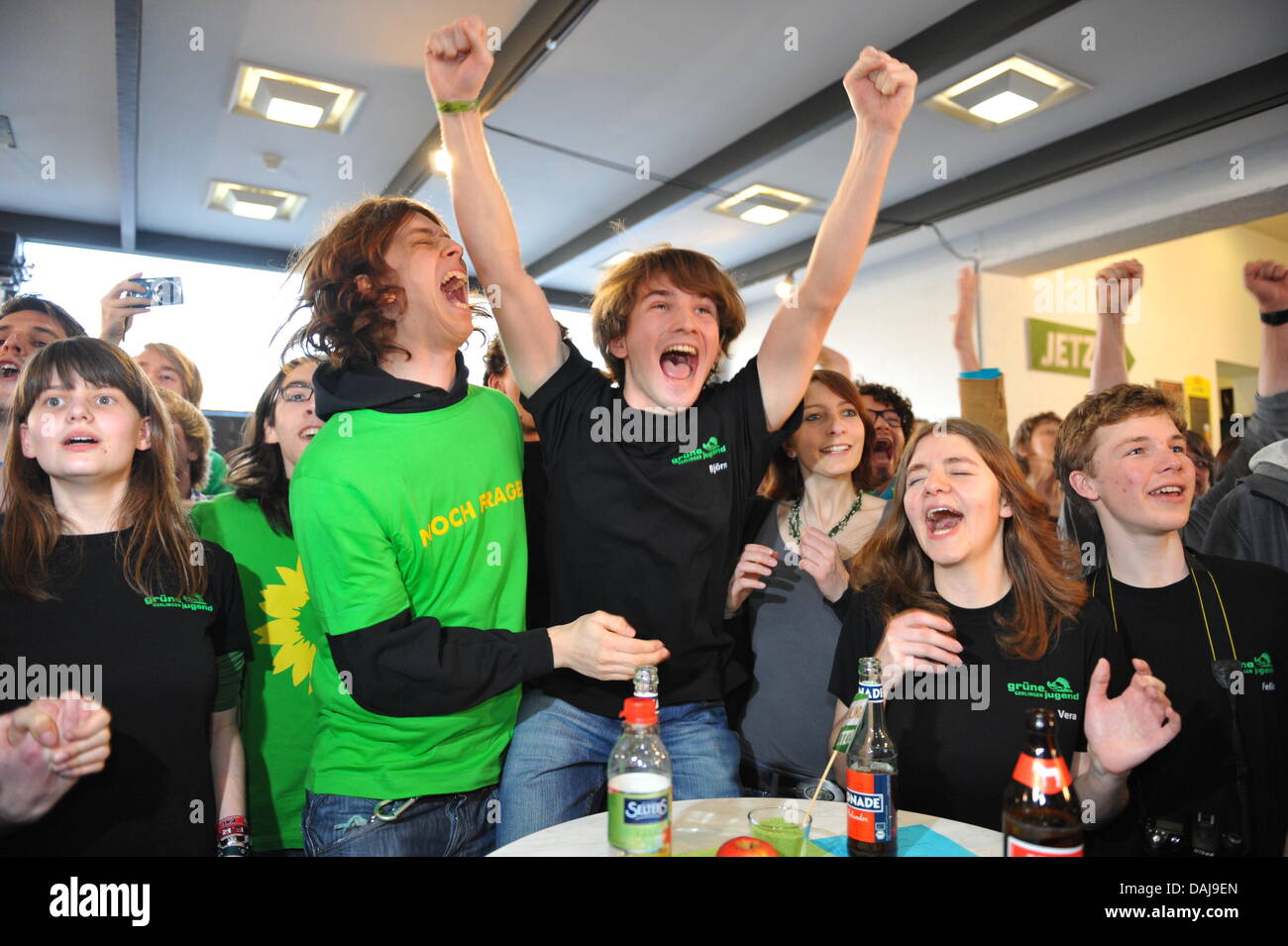 The picture shows supporters of the Green Party  celebrating after the first prognosis at the Landtag election in the state of Baden-Württemberg at the Landtag in Stuttgart, Germany on 27 March 2011. At the Landtag elections in Baden-Württember 7,8 million citizens are eligible to vote. 19 Parties with 684 candidates and 6 independent candidates have entered the elections. PHOTO: U Stock Photo