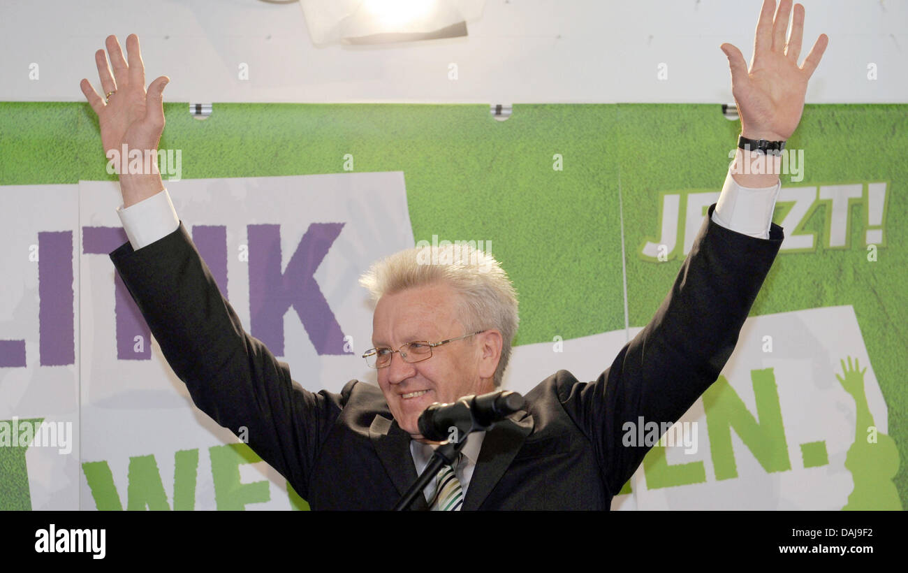 The picture shows the lead candidate of the Green Party Winfried Kretschmann celebrating waving at his supporters at the Landtag election in the state of Baden-Württemberg at the Landtag in Stuttgart, Germany on 27 March 2011. At the Landtag elections in Baden-Württember 7,8 million citizens are eligible to vote. 19 Parties with 684 candidates and 6 independent candidates have ente Stock Photo