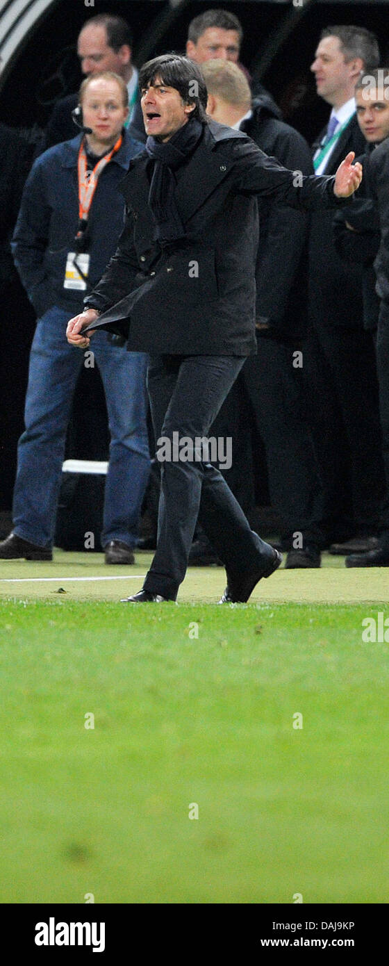 Germany's head coach Joachim Loew gestures during the UEFA Euro 2012 qualifying group A soccer match between Germany and Kazakhstan at the Fritz-Walter stadium in Kaiserslautern, Germany, 26 March 2011. Photo: Marius Becker Stock Photo