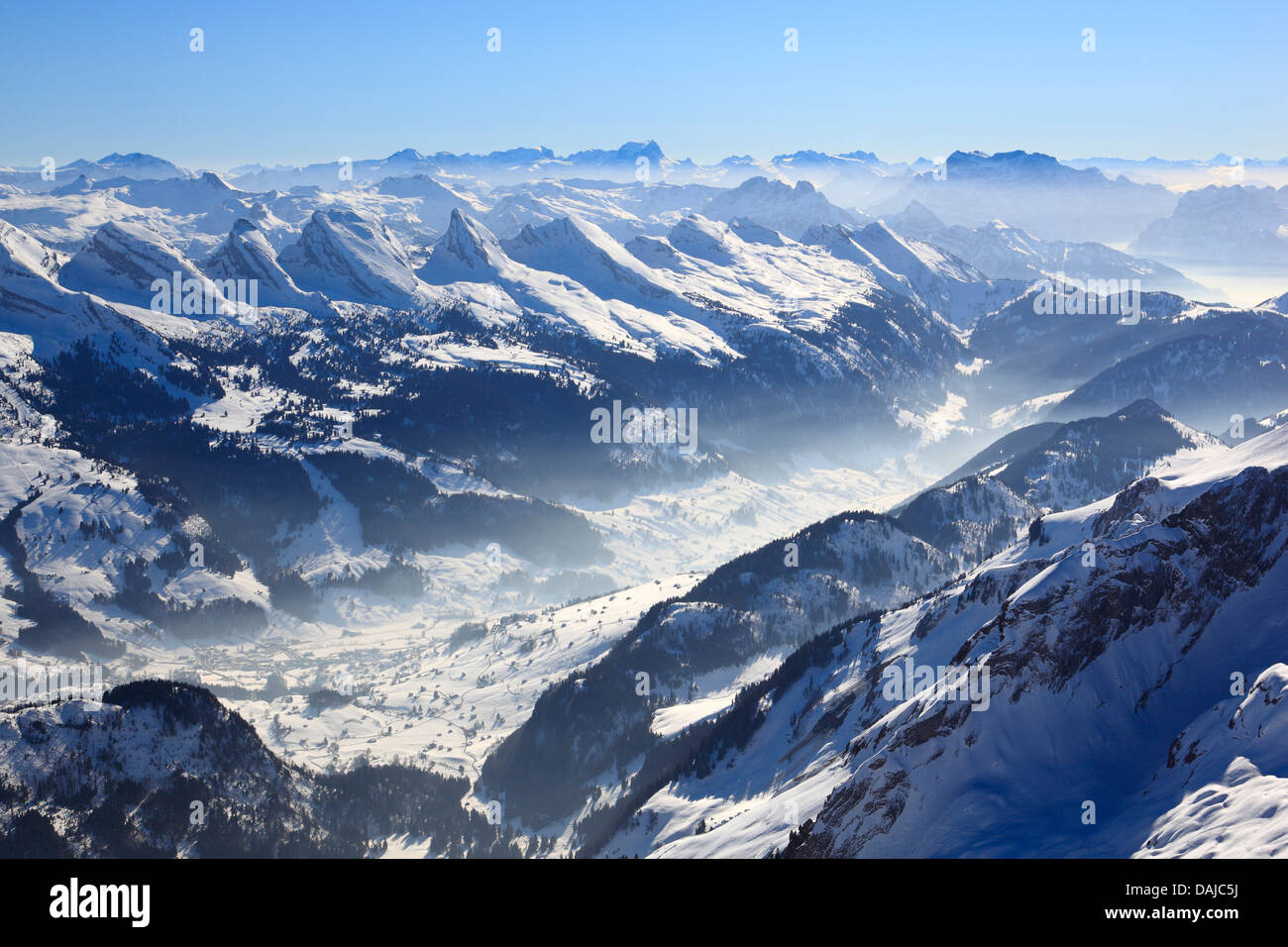 view from Saentis (2502 m) in the Alpstein, Switzerland, Appenzeller Alpen Stock Photo