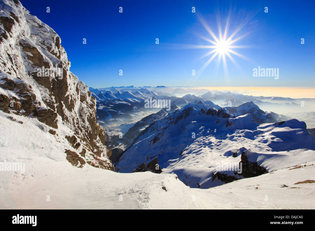 view from Saentis (2502 m) in the Alpstein, Switzerland, Appenzeller Alpen Stock Photo