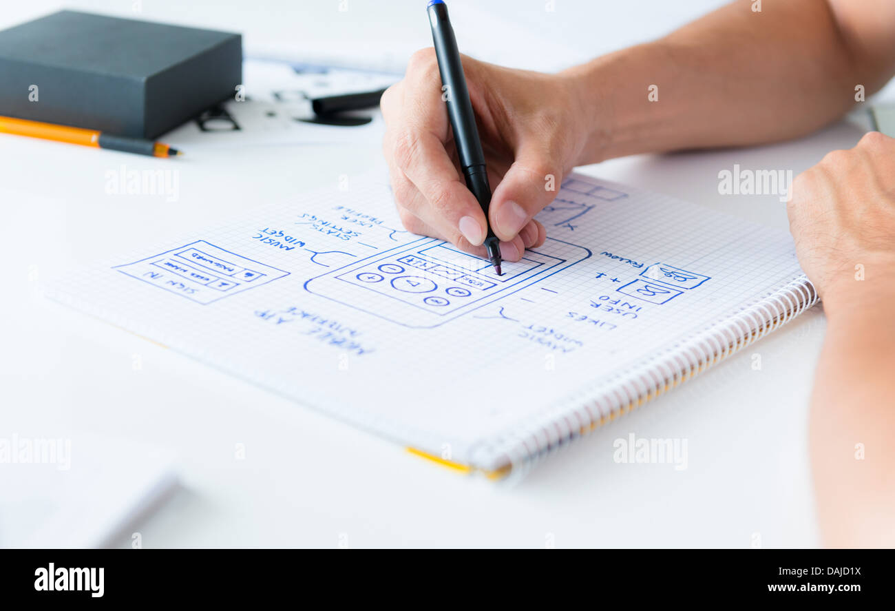 Designer develop a mobile application usability and drawing its framework on a paper. Stock Photo