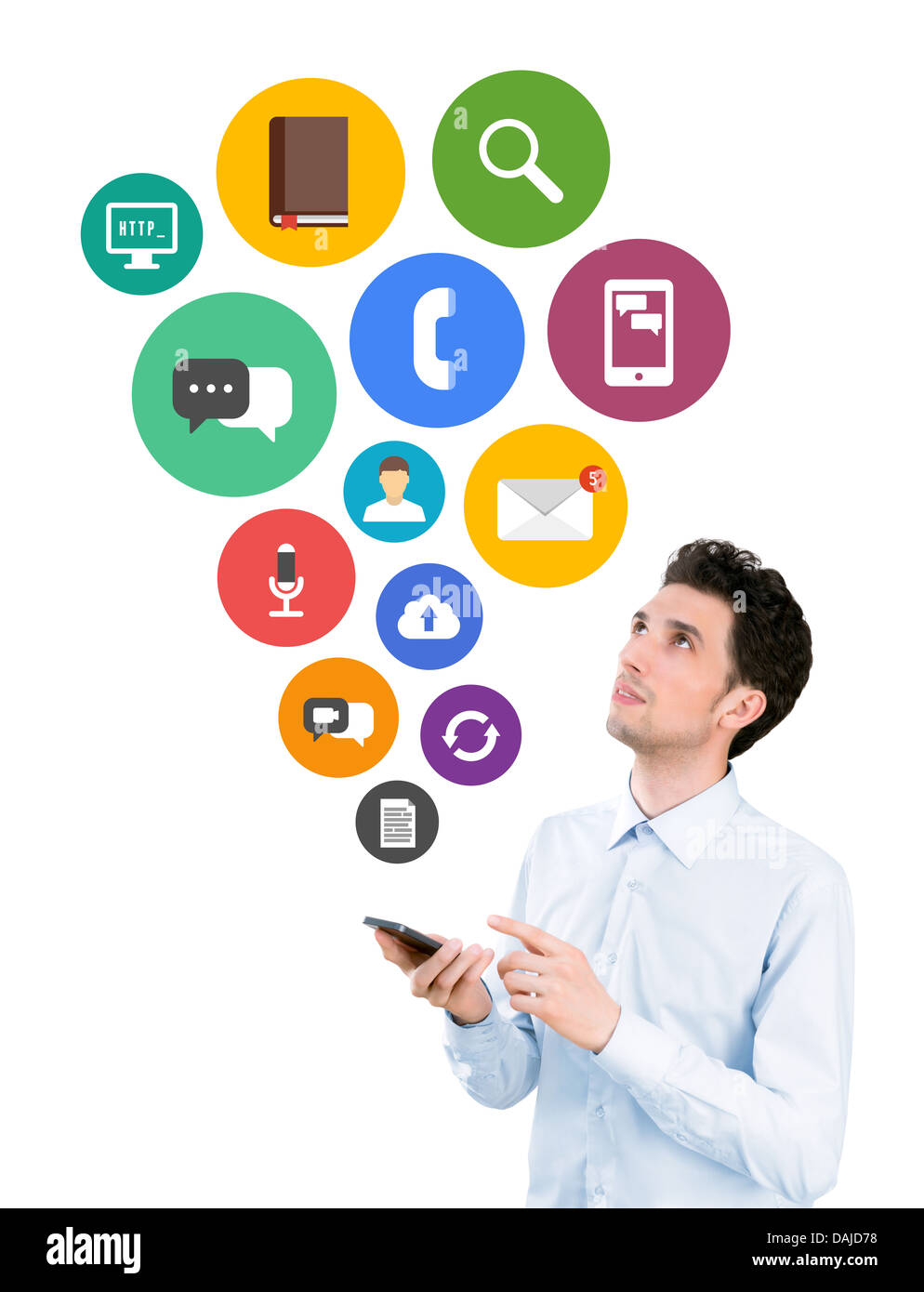 Man holding smartphone and looking on colorful mobile application icons on communication and mobile connection theme Stock Photo