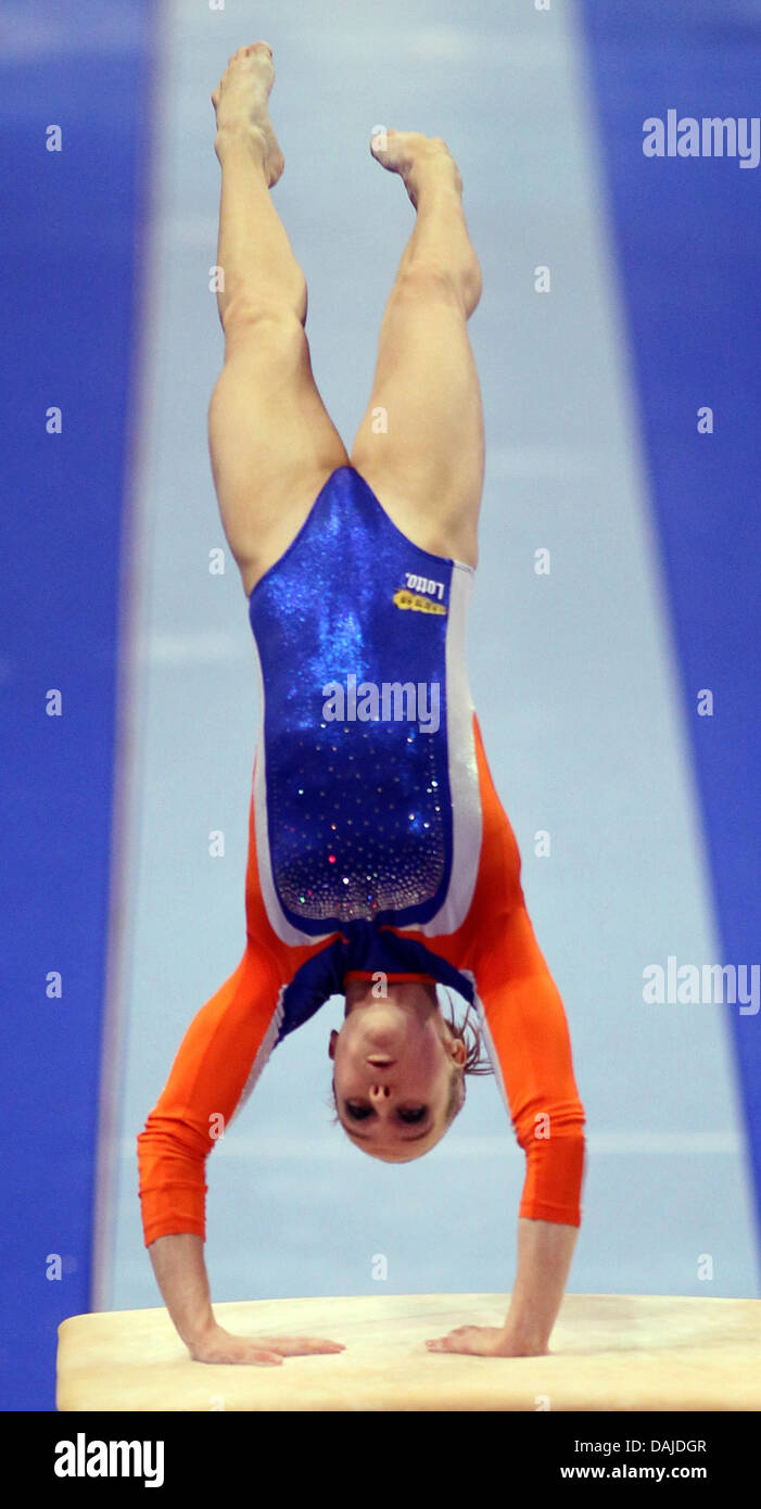Celine van Gerner from The Netherlands performs an exercise on the vault during the Women's qualification for the European Gymnastics Championships at the Max-Schmeling-Halle in Berlin, Germany, 06 April 2011. Photo: Jan Woitas Stock Photo