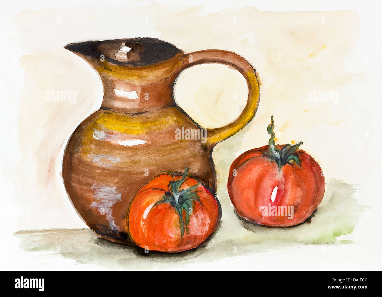 Ripe Spanish tomatoes and tomato juice in a large clay jar still life handmade watercolor