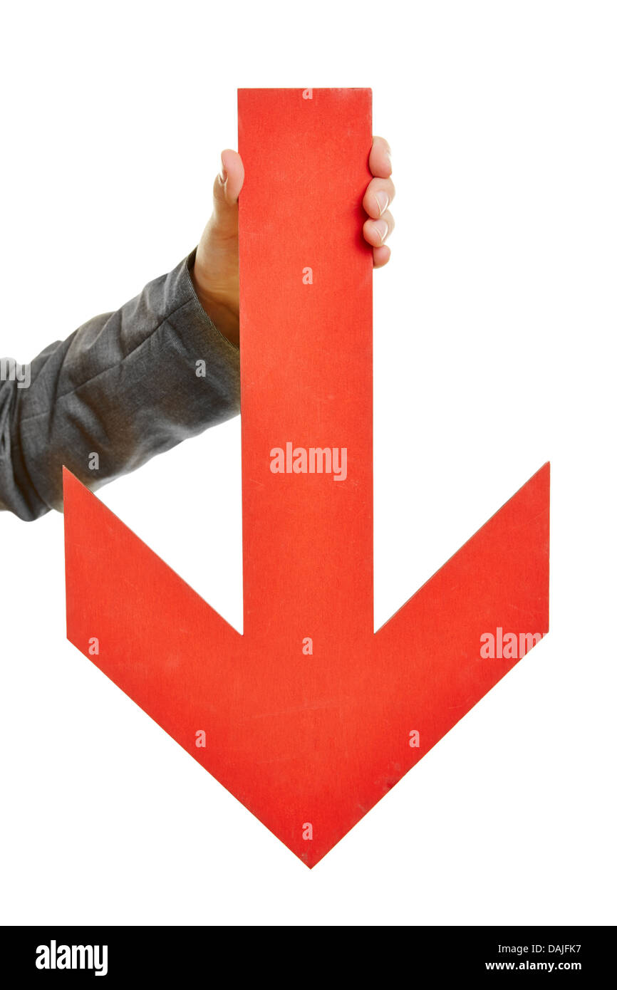 Hand holding big red arrow pointing down Stock Photo