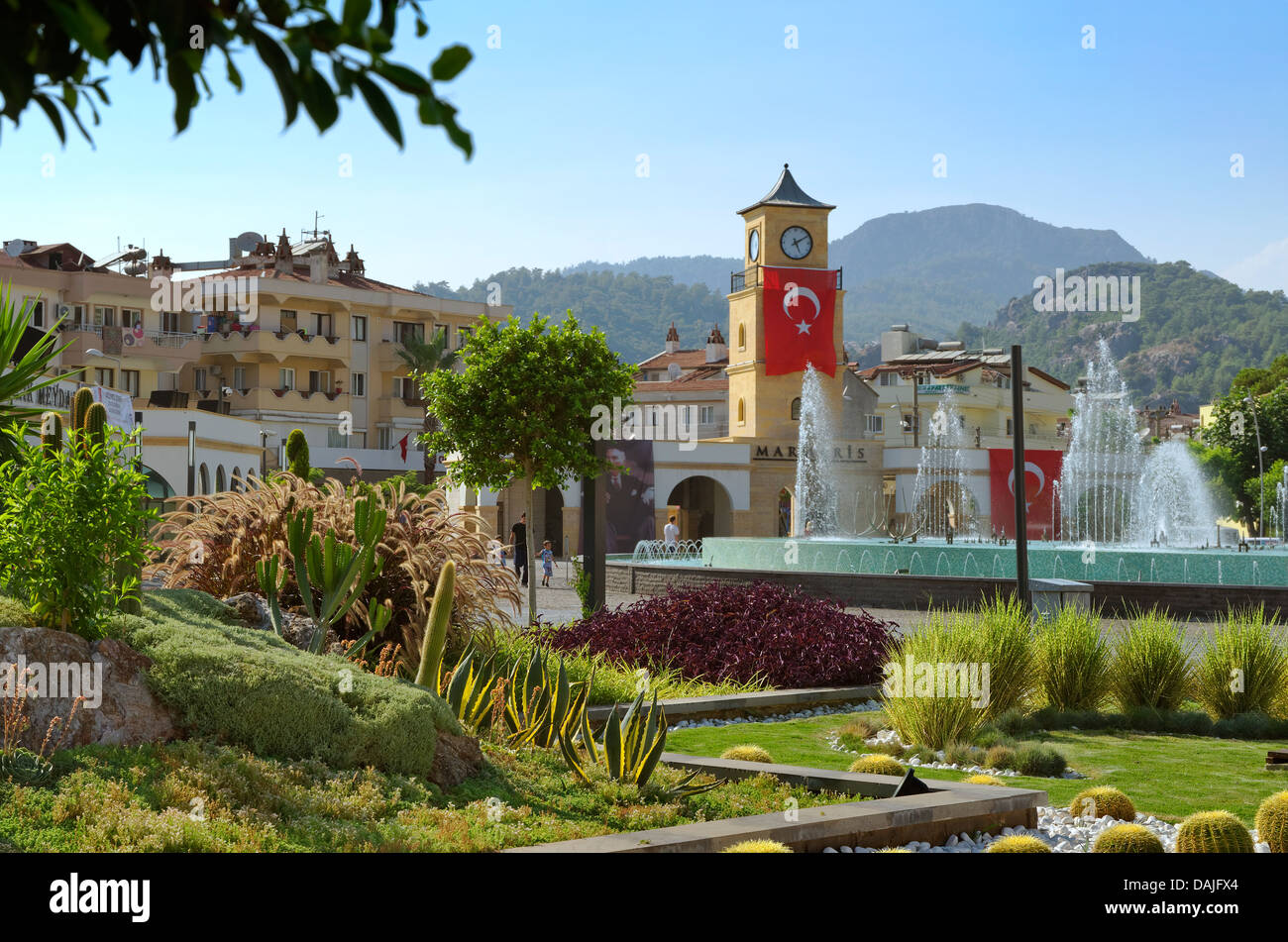 The new Marmaris town square with fountains. Mugla Province, Turkey. Built 2012. Stock Photo