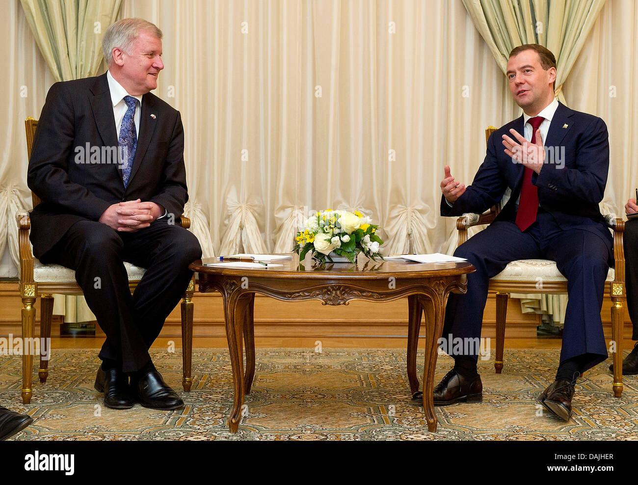 Minister-President of Bavaria Horst Seehofer (L) and President of Russia Dmitry Medvedev meet at the Kremlin during the celebrations of the 50th anniversary of Yuri Gagarin's space flight in Moscow, Russia, 12 April 2011. For the first time in Russia as Minister-President, Seehofer accompanied by an economy and science delegation visits Moscow and Saint Petersburg from 10 to 14 Apr Stock Photo