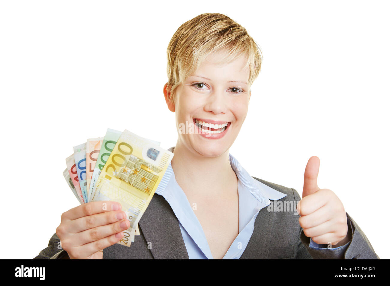 Happy young woman with Euro money bills holding her thumbs up Stock ...