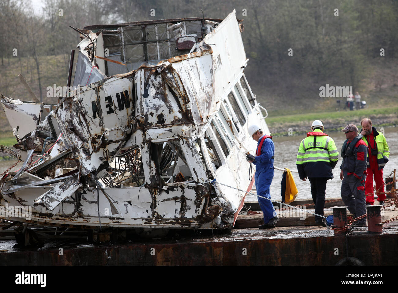 The bridge of a the wreck of the Russian timber freighter 'Tyumen-2' is salvaged from the Kiel Canal in Albersdorf, Germany, 16 Aprils 2011. During the collision with a cargo ship in Kiel Canal, two people were killed, including a pilot, and two were seriously injured. Photo: Bodo Marks Stock Photo