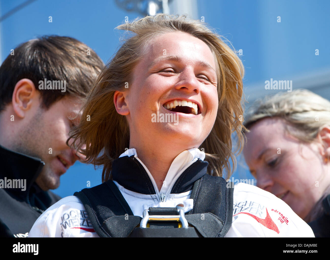 Fivefold paralympics victor Verena Bentele is pictured after a bungee jump from a skyscraper on Alexanderplatz in Berlin, Germany, 19 April 2011. The blind athelte jumped about 100 meters down during the so called base flying. Photo: Tobias Kleinschmidt Stock Photo