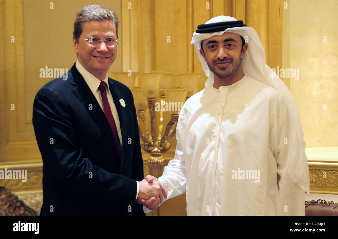 German Foreign Minister Guido Westerwelle meets Sheikh Abdullah bin Said at the EU meeting with the Gulf Cooperation Council at the Emirates Palace Hotel in Abu Dhabi, United Arab Emirates, 20 April 2011. Photo: HANNIBAL Stock Photo