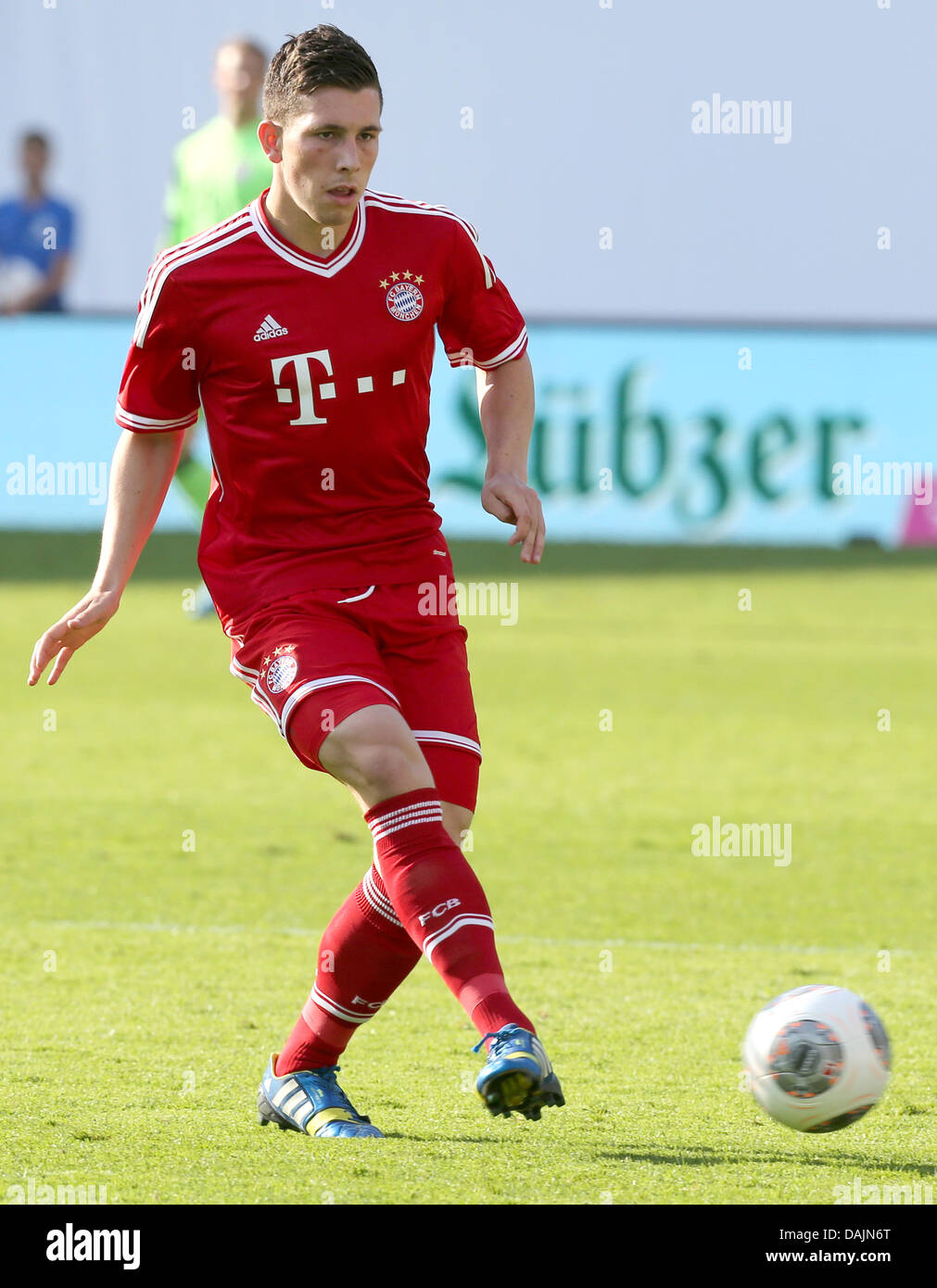 Rostock, Germany. 14th July, 2013. Bayern Munich's Pierre Hojbjerg in action during the charity soccer match between FC Hansa Rostock and FC Bayern Munich at the DKB-Arena soccer stadium in Rostock, Germany, 14 July 2013. Munich won 4-0. Photo: Bernd Wuestneck/dpa/Alamy Live News Stock Photo