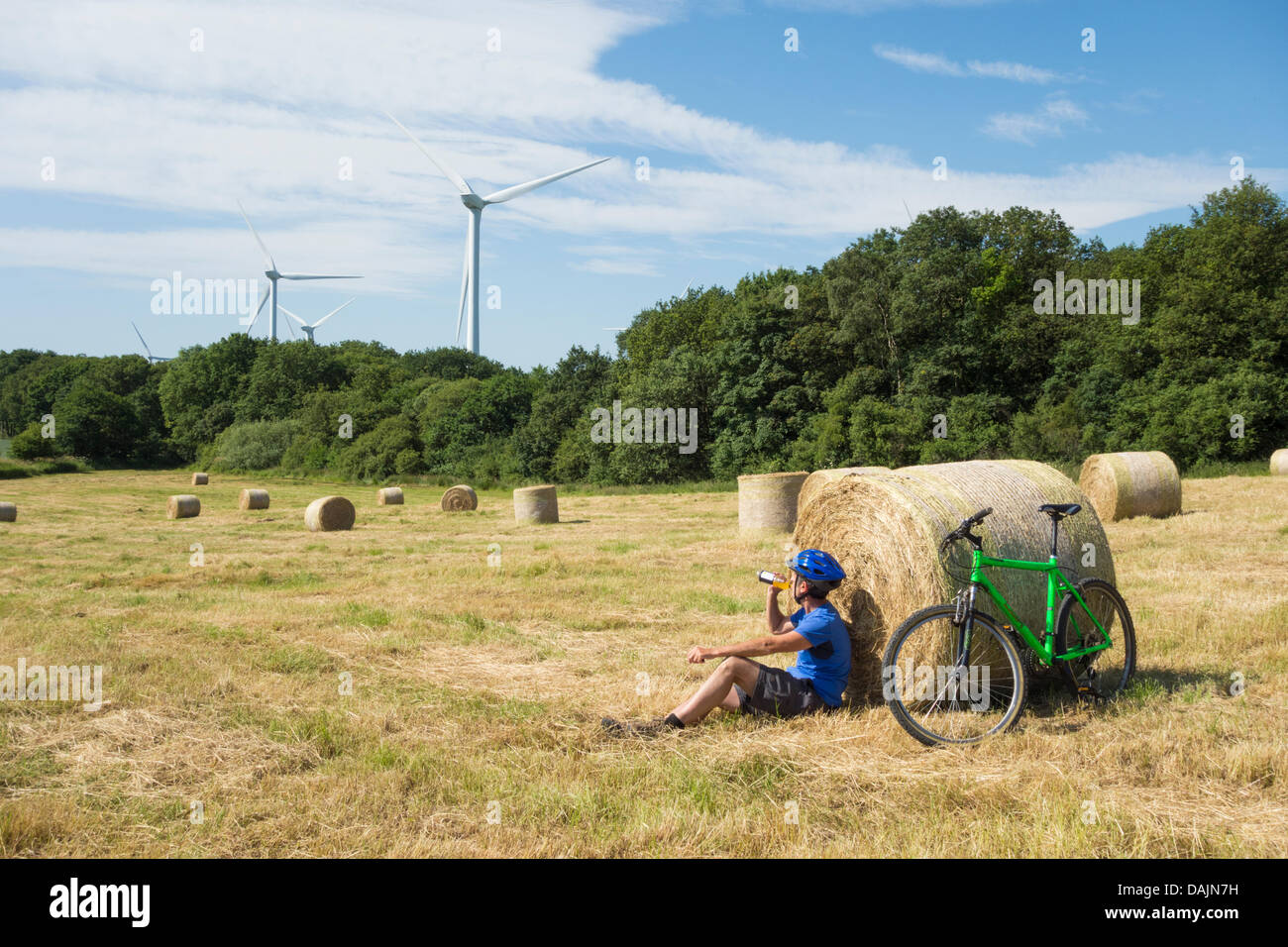 Mountain biker in hay field with wind turbines in background. UK Stock Photo