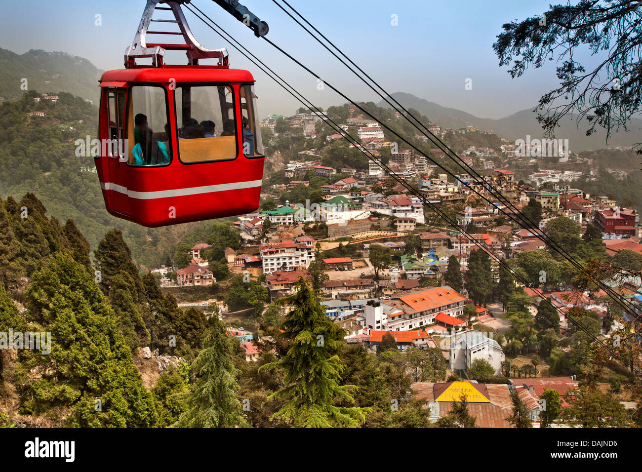 Overhead Cable Car houses in the background, Gun Hill, Mussoorie, Uttarakhand, India Stock Photo