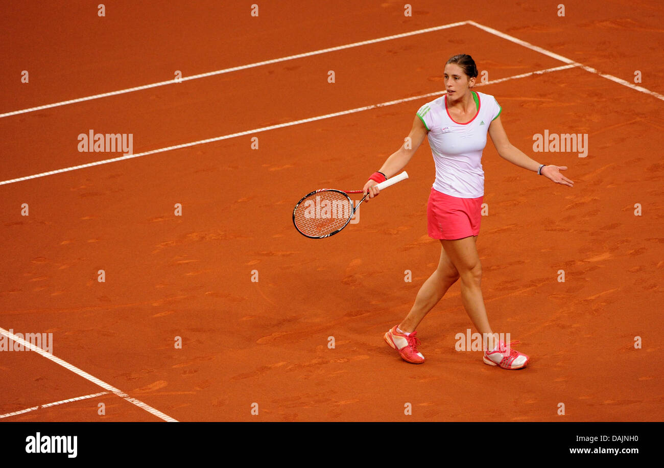 German player Andrea Petkovic gestures to the referee in the tennis match against Danish player Caroline Wozniacki in the WTA quarter final match at Porsche-Arena in Stuttgart, Germany, 21 April 2011. Photo: Marijan Murat Stock Photo