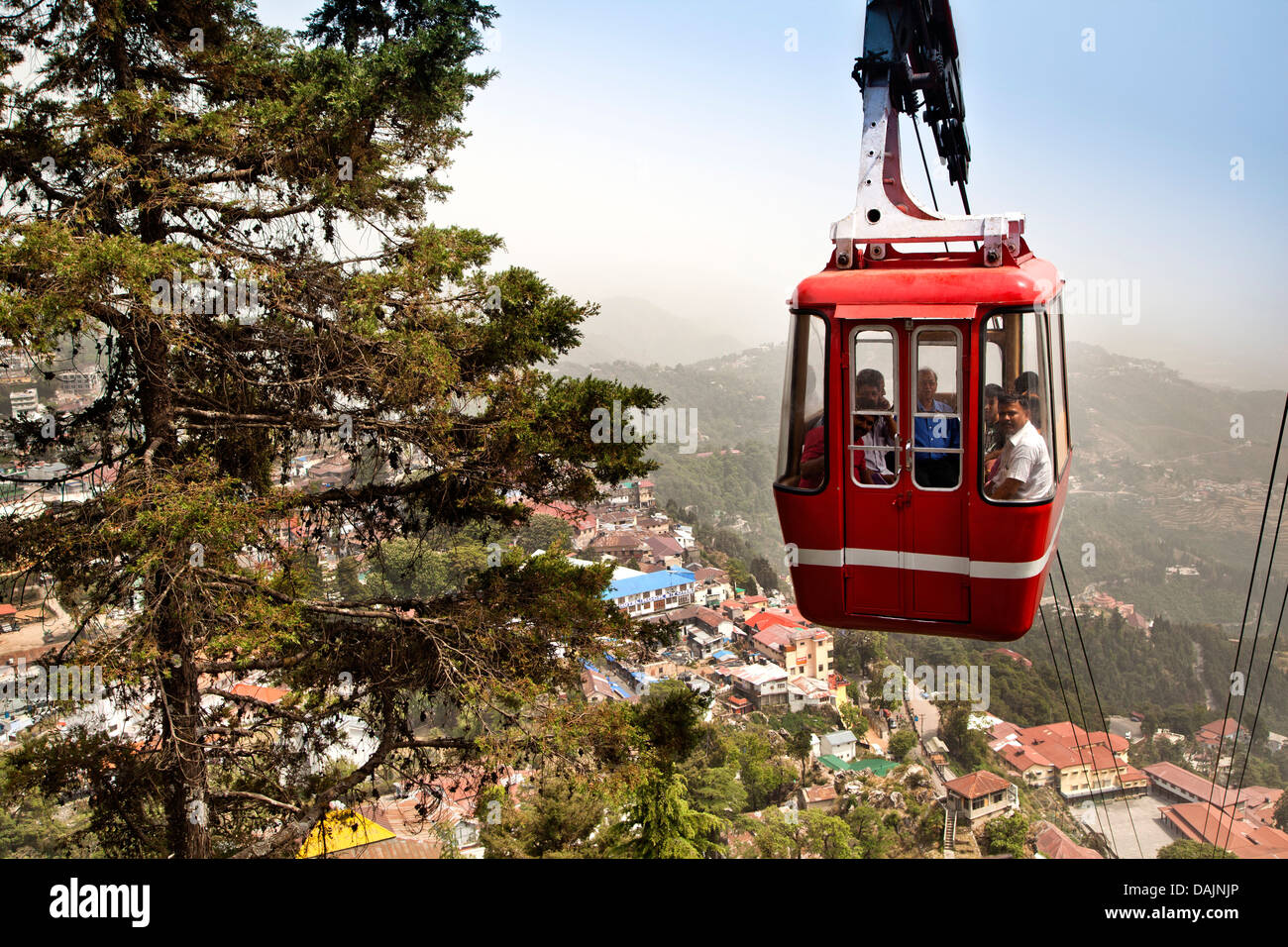 Overhead Cable car in motion, Gun Hill, Mussoorie, Uttarakhand, India Stock Photo