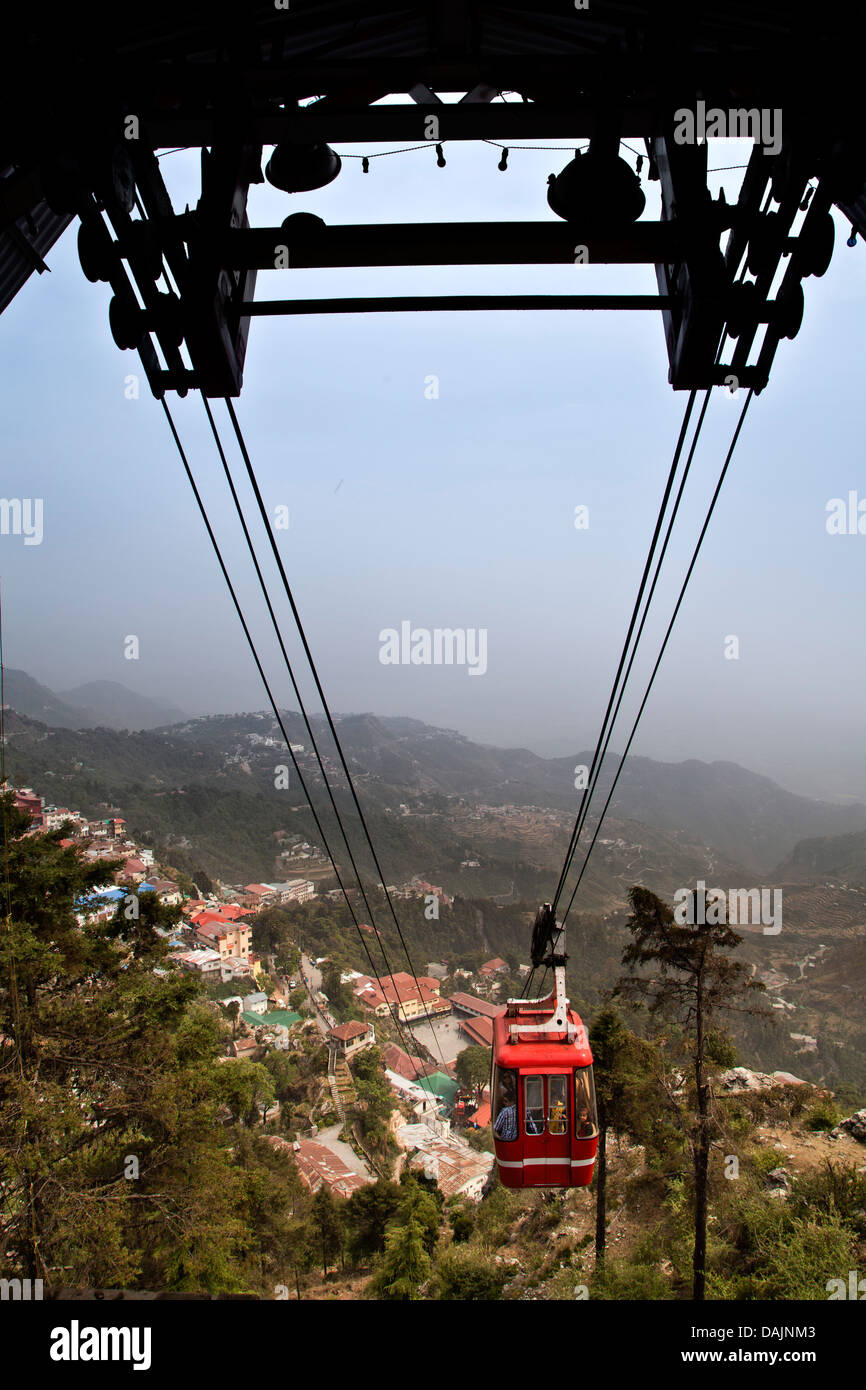 Overhead Cable Car with town view, Gun Hill, Mussoorie, Uttarakhand, India Stock Photo