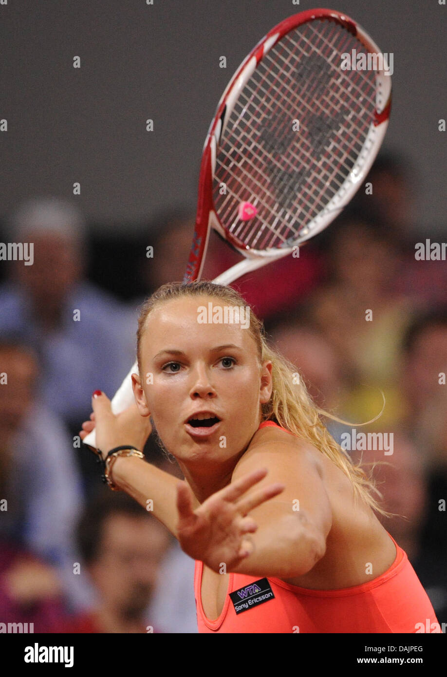 Danish player Caroline Wozniacki plays a forehand against Julia Goerges during their WTA tournament singles final match at Porsche-Arena in Stuttgart, Germany, 24 April 2011. Goerges won 7:6 and 6:3. Photo: Marijan Murat Stock Photo