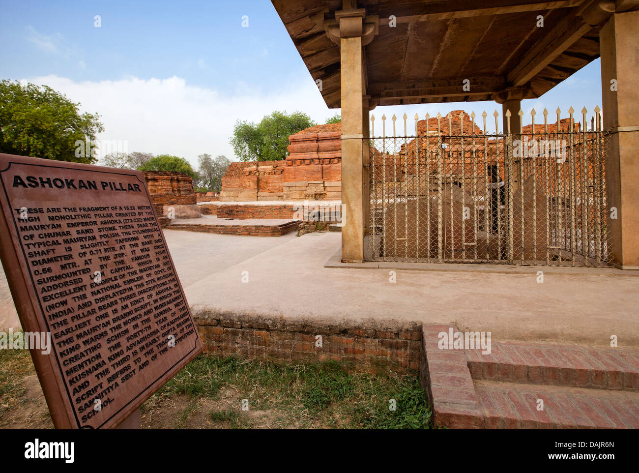 Ruins of Ashoka Pillars at an archaeological site, Sarnath, Varanasi, Uttar Pradesh, India Stock Photo