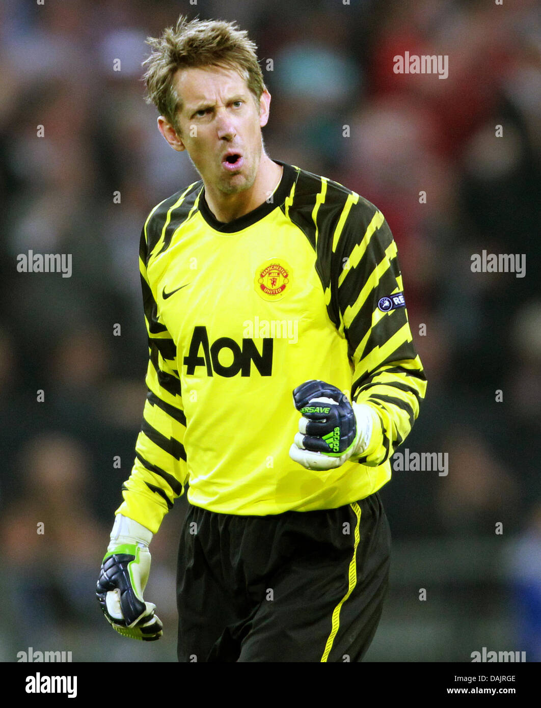 manchesters edwin van der sar cheers   uefa champions league