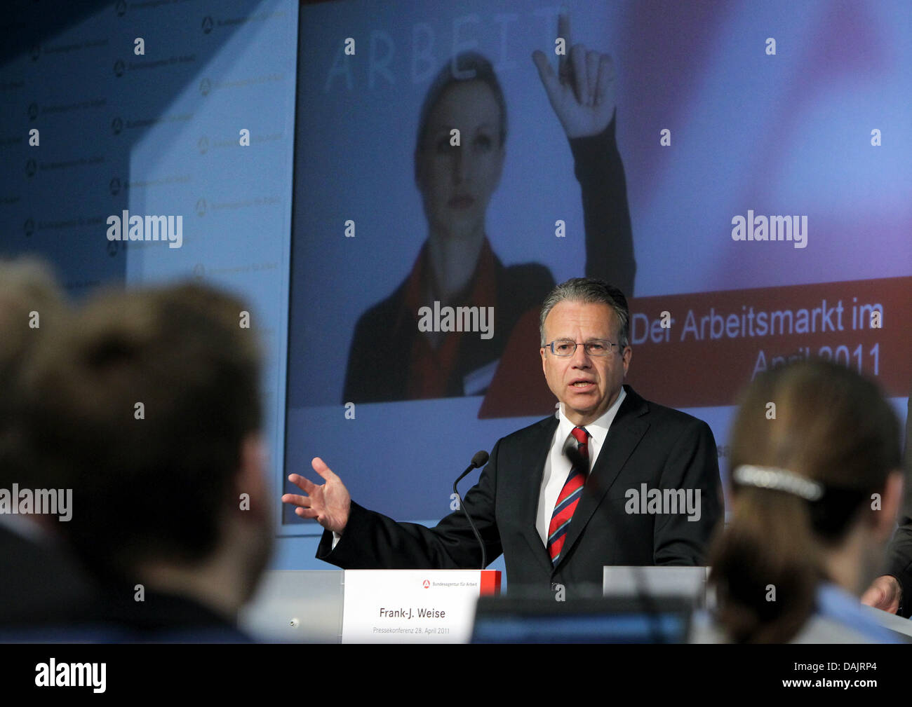 Chairman of the German Employment Agency (BA), Frank-Juergen Weise, presents developments of the labour market in April 2011 at a press conference in Nuremberg, Germany, 28 April 2011. The unemployment rate has declined by 132.000 in April to 3.078.000. Photo: Daniel Karmann Stock Photo