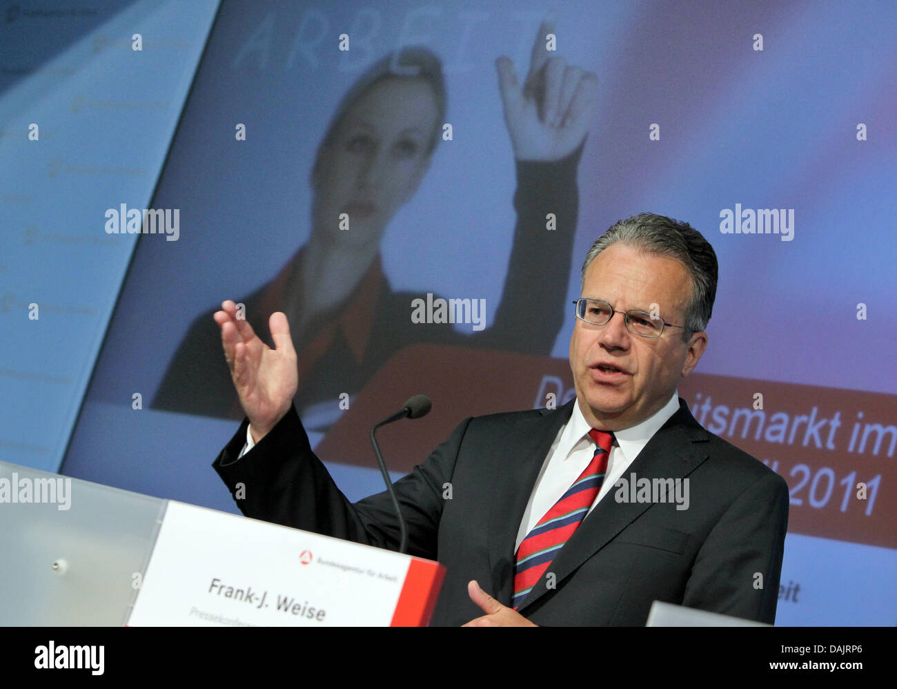 Chairman of the German Employment Agency (BA), Frank-Juergen Weise, presents developments of the labour market in April 2011 at a press conference in Nuremberg, Germany, 28 April 2011. The unemployment rate has declined by 132.000 in April to 3.078.000. Photo: Daniel Karmann Stock Photo