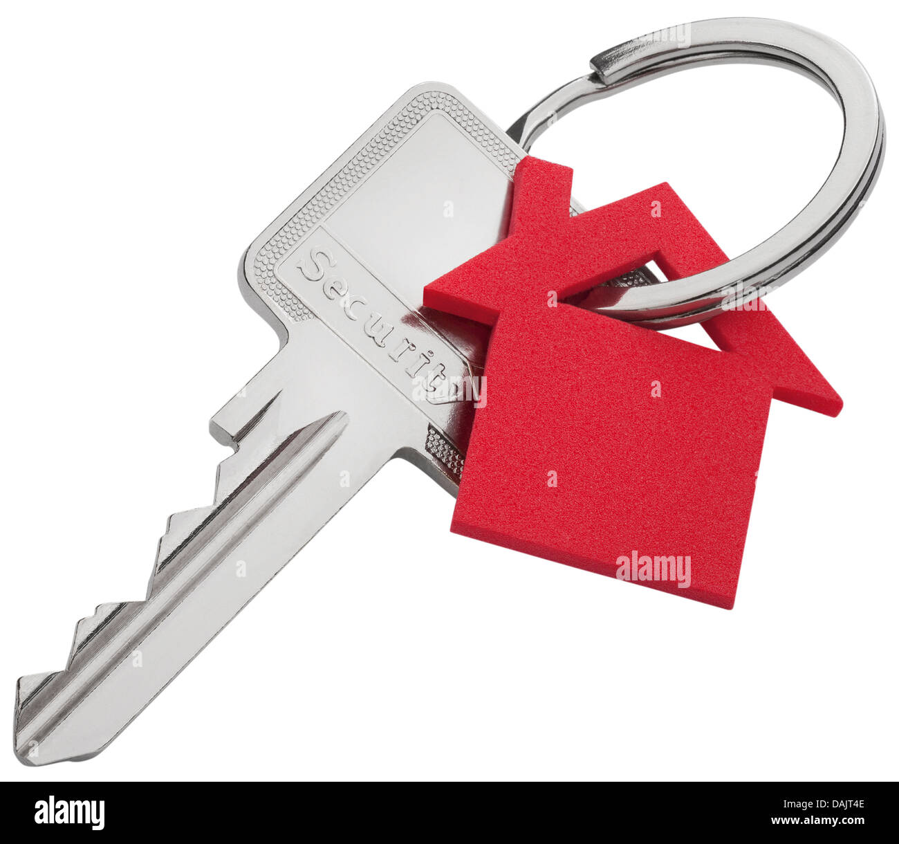 House keys with keychain in house form on white background, close up Stock Photo