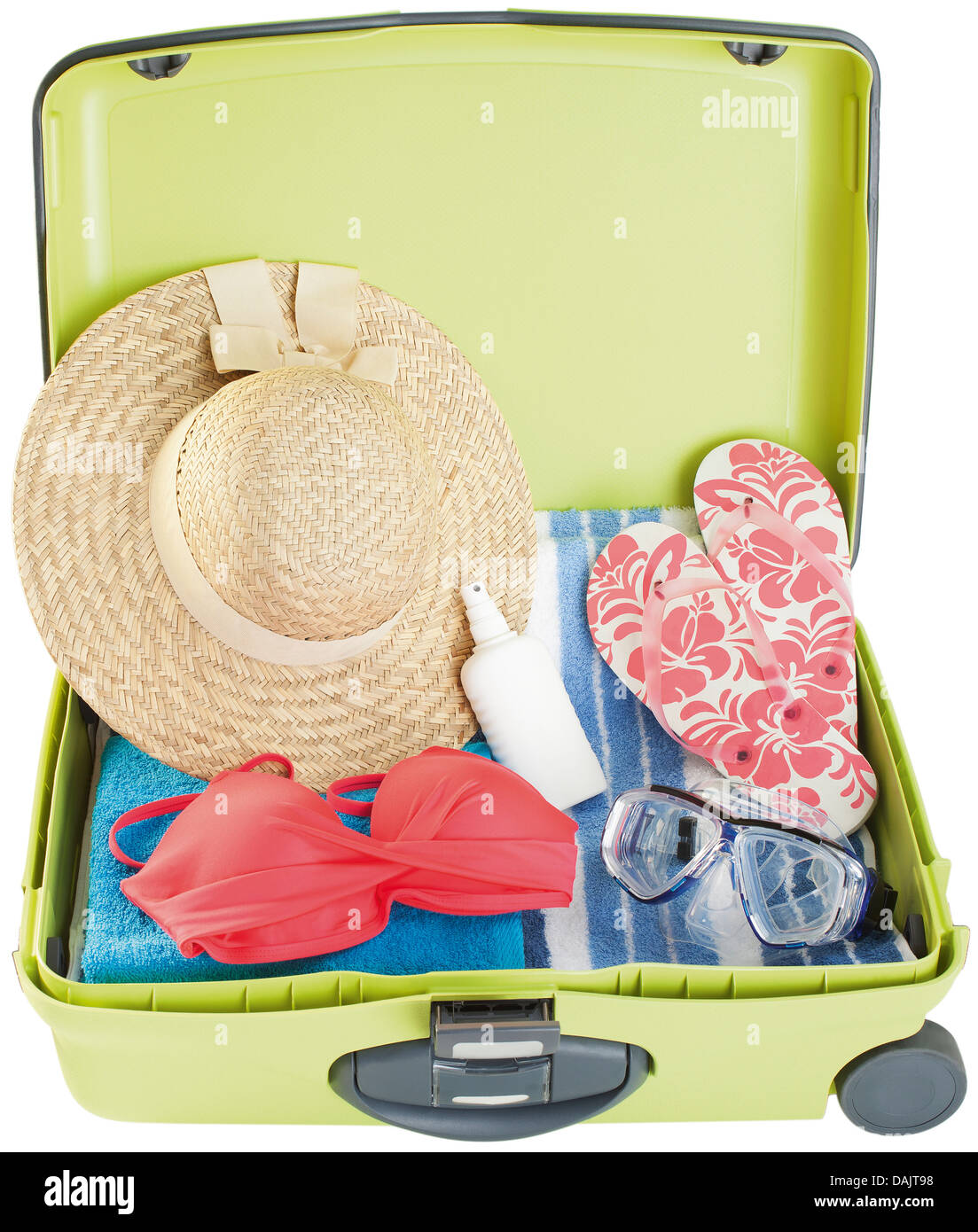 Suitcase with swimsuits on white background, close up Stock Photo