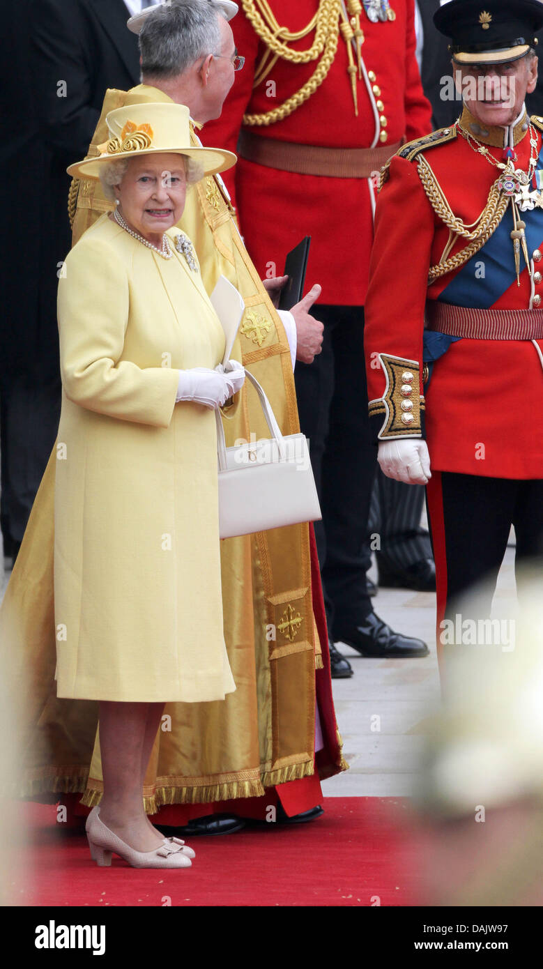 Queen Elizabeth II. and Prince Philip leave Westminster Abbey after the wedding ceremony of Prince William and Princess Catherine in London, Britain, 29 April 2011. Some 1,900 guests followed the royal marriage ceremony of Prince William and Kate Middleton in the church. Photo: Albert Nieboer NETHERLANDS OUT Stock Photo