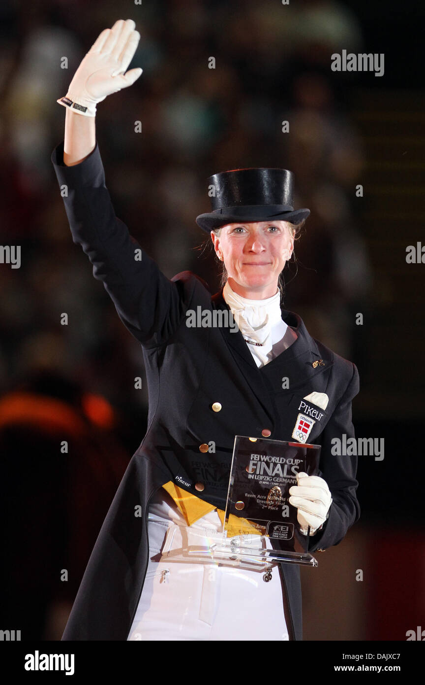 Danish rider Nathalie zu Sayn-Wittgenstein waves during the presentation ceremony at the Reem Acra FEI Dressage World Cup Final in Leipzig, 30 April 2011. Photo: Jan Woitas dpa/lsn Stock Photo