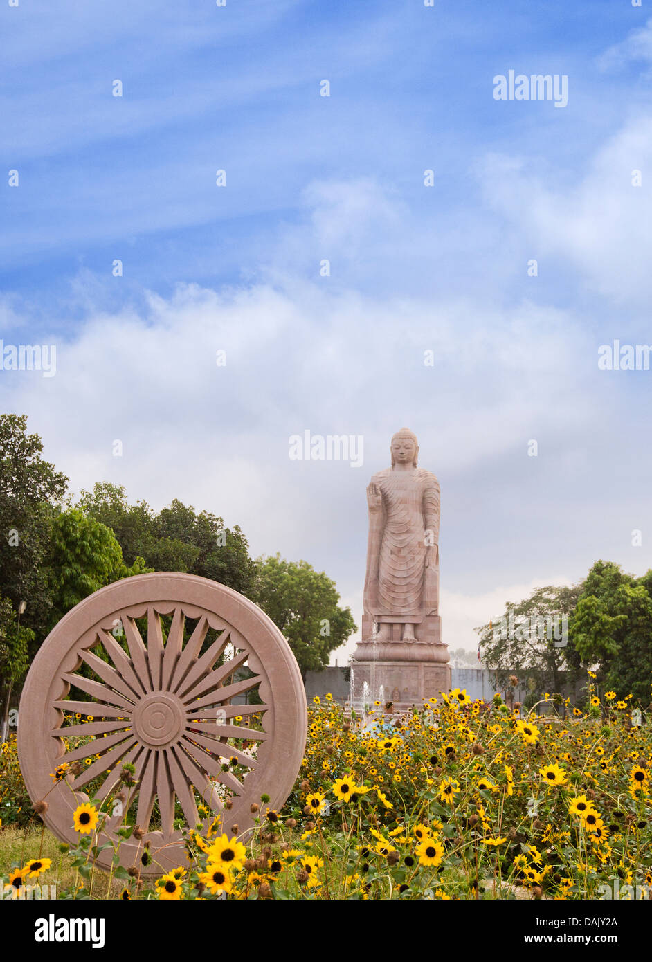 Ashoka chakra and Buddha sculpture at a temple, Thai Temple, Shravasti